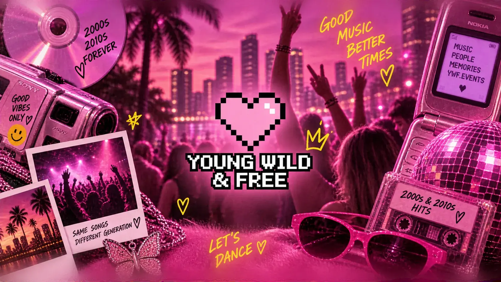 Collage von YOUNG WILD & FREE: Pixelherz und Wortmarke vor feiernder Menge, dazu CD, Kassette, Klapphandy und Discokugel – Good Music, Better Times.